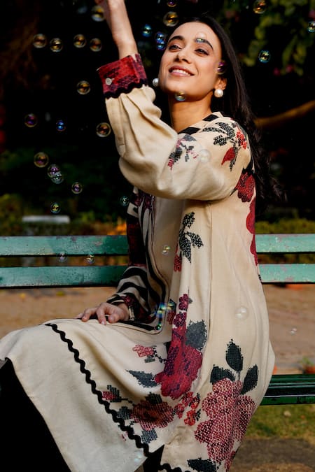 Moh India Beige Wool Mandarin Collar Floral Woven Midi Dress at Aza Fashions Moh India_Beige Wool Mandarin Collar Floral Woven Midi Dress _at_Aza_Fashions