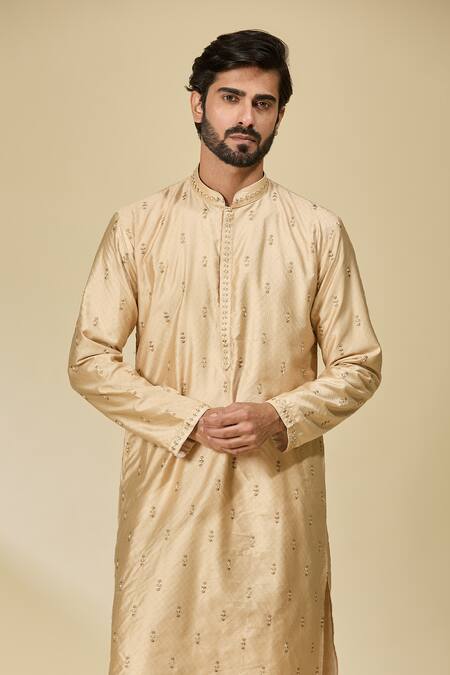 Shop_Arihant Rai Sinha_Gold Viscose, Polyester Embroidery Butti Kurta Set _Online_at_Aza_Fashions
