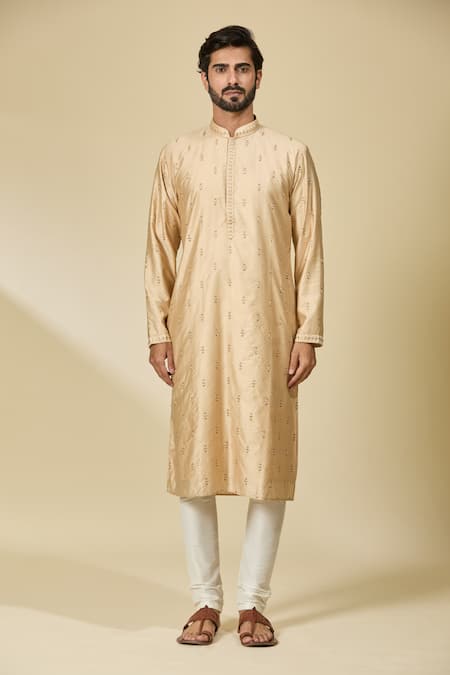 Arihant Rai Sinha_Gold Viscose Embroidery Champagne Butti Kurta _Online_at_Aza_Fashions