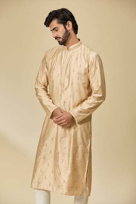 Shop_Arihant Rai Sinha_Gold Viscose Embroidery Champagne Butti Kurta _Online_at_Aza_Fashions