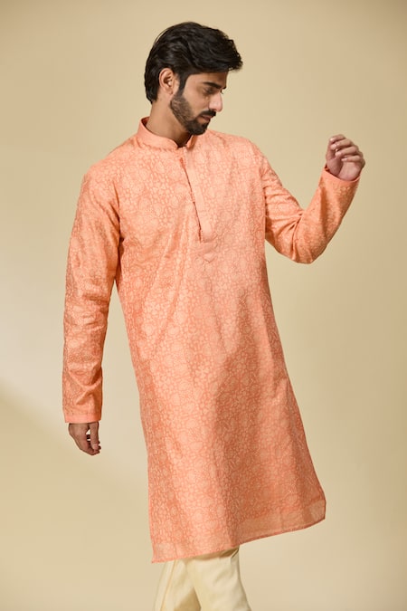 Arihant Rai Sinha_Peach Silk Embroidery Floral Vine Kurta _at_Aza_Fashions