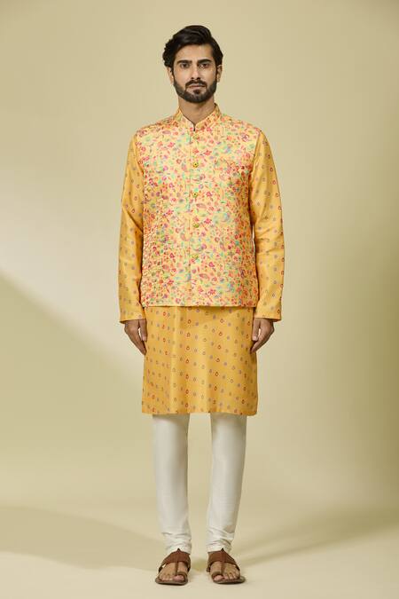 Arihant Rai Sinha_Yellow Silk Embroidery Floral Vine Print Bundi With Kurta_Online_at_Aza_Fashions