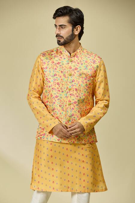 Buy_Arihant Rai Sinha_Yellow Silk Embroidery Floral Vine Print Bundi With Kurta_Online_at_Aza_Fashions