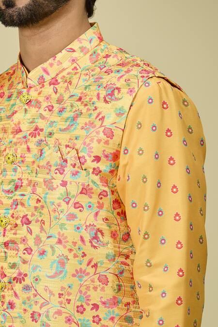 Shop_Arihant Rai Sinha_Yellow Silk Embroidery Floral Vine Print Bundi With Kurta_Online_at_Aza_Fashions