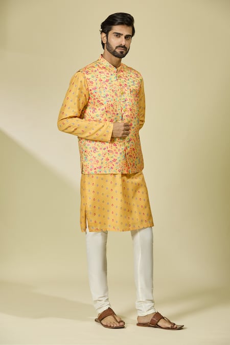 Buy_Arihant Rai Sinha_Yellow Silk Embroidery Floral Vine Print Bundi With Kurta