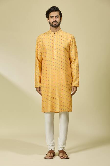 Shop_Arihant Rai Sinha_Yellow Silk Embroidery Floral Vine Print Bundi With Kurta