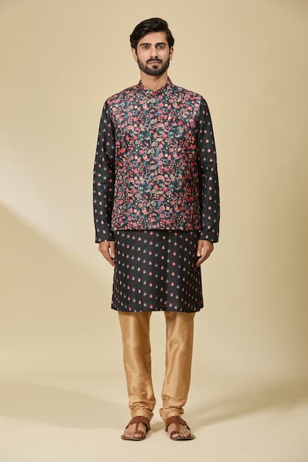 Arihant Rai Sinha_Black Silk Floral Print Bundi And Kurta Set _Online_at_Aza_Fashions