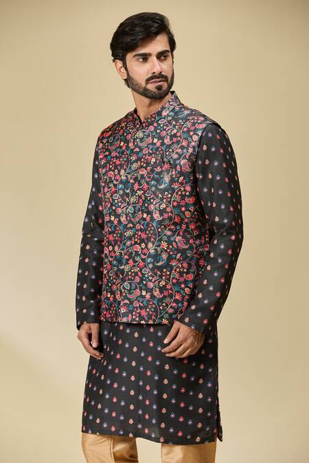 Buy_Arihant Rai Sinha_Black Silk Floral Print Bundi And Kurta Set _Online_at_Aza_Fashions
