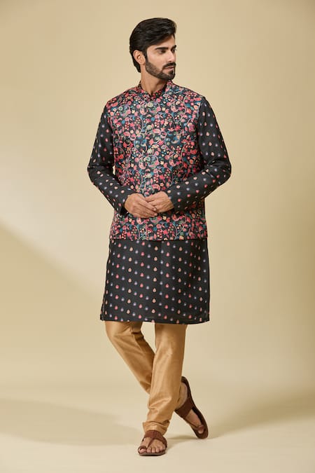 Arihant Rai Sinha_Black Silk Floral Print Bundi And Kurta Set _at_Aza_Fashions