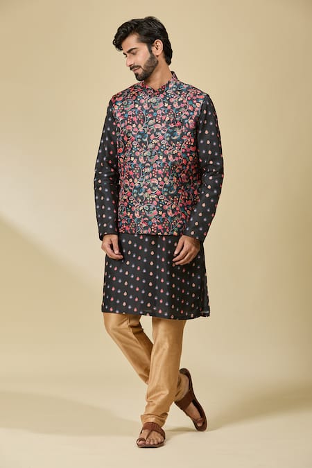 Buy_Arihant Rai Sinha_Black Silk Floral Print Bundi And Kurta Set 