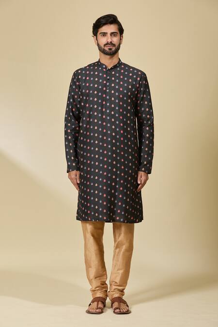 Shop_Arihant Rai Sinha_Black Silk Floral Print Bundi And Kurta Set 