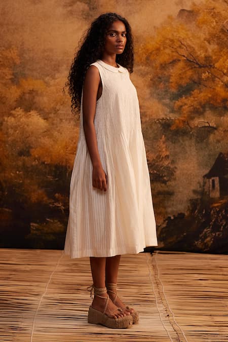 Buy Ahmev Ivory Cotton Collared Peter Pan Midi Dress Online at Aza Fashions Buy_Ahmev_Ivory Cotton Collared Peter Pan Midi Dress _Online_at_Aza_Fashions