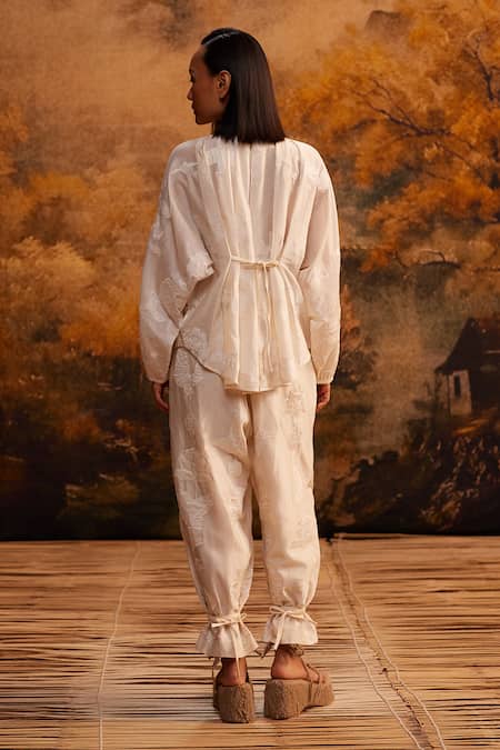 Shop Ahmev Ivory Cotton, Silk Embroidery Round Neck Applique Dolman Pleated Shirt at Aza Fashions Shop_Ahmev_Ivory Cotton, Silk Embroidery Round Neck Applique Dolman Pleated Shirt _at_Aza_Fashions