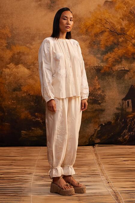 Ahmev Ivory Cotton, Silk Embroidery Round Neck Applique Dolman Pleated Shirt Online at Aza Fashions Ahmev_Ivory Cotton, Silk Embroidery Round Neck Applique Dolman Pleated Shirt _Online_at_Aza_Fashions