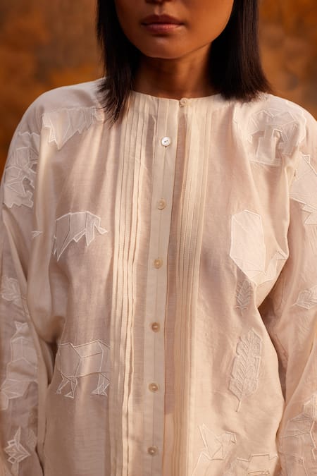 Shop Ahmev Ivory Cotton, Silk Embroidery Round Neck Applique Dolman Pleated Shirt Online at Aza Fashions Shop_Ahmev_Ivory Cotton, Silk Embroidery Round Neck Applique Dolman Pleated Shirt _Online_at_Aza_Fashions