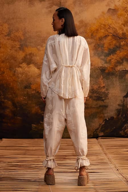 Shop_Ahmev_Ivory Cotton, Silk Embroidery Tapered Drop Crotch Pant _at_Aza_Fashions