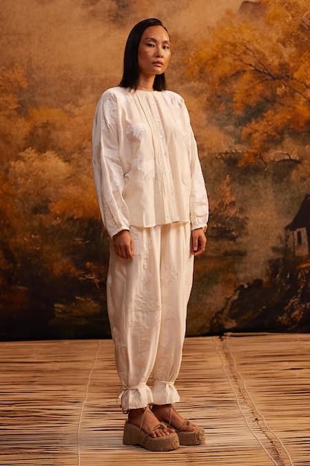 Ahmev_Ivory Cotton, Silk Embroidery Tapered Drop Crotch Pant _Online_at_Aza_Fashions