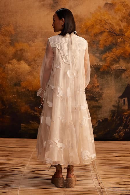 Shop_Ahmev_Ivory Cotton, Silk Organza Embroidery Round Neck Applique Midi Dress _at_Aza_Fashions