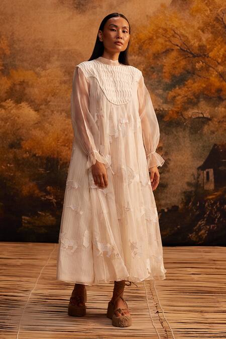 Ahmev_Ivory Cotton, Silk Organza Embroidery Round Neck Applique Midi Dress _Online_at_Aza_Fashions