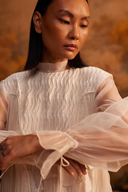 Buy_Ahmev_Ivory Cotton, Silk Organza Embroidery Round Neck Applique Midi Dress _Online_at_Aza_Fashions