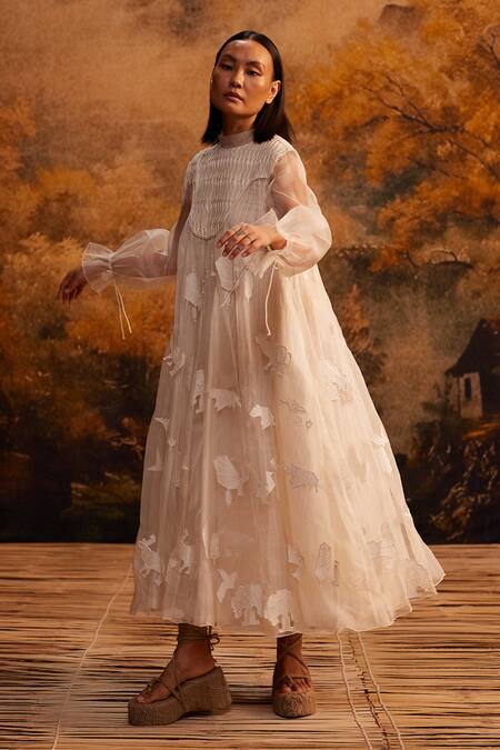 Shop_Ahmev_Ivory Cotton, Silk Organza Embroidery Round Neck Applique Midi Dress _Online_at_Aza_Fashions