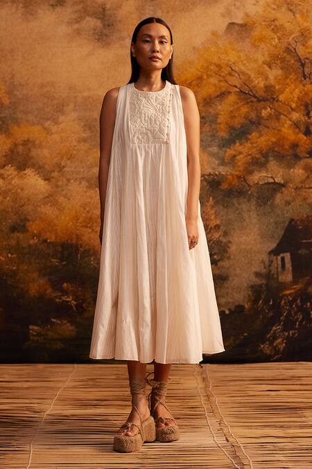 Shop Ahmev Ivory Cotton, Silk Round Neck Quilted Yoke Midi Dress at Aza Fashions Shop_Ahmev_Ivory Cotton, Silk Round Neck Quilted Yoke Midi Dress _at_Aza_Fashions