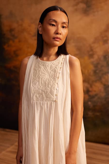 Ahmev Ivory Cotton, Silk Round Neck Quilted Yoke Midi Dress Online at Aza Fashions Ahmev_Ivory Cotton, Silk Round Neck Quilted Yoke Midi Dress _Online_at_Aza_Fashions