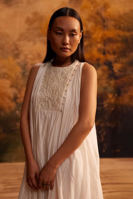 Buy Ahmev Ivory Cotton, Silk Round Neck Quilted Yoke Midi Dress Online at Aza Fashions Buy_Ahmev_Ivory Cotton, Silk Round Neck Quilted Yoke Midi Dress _Online_at_Aza_Fashions