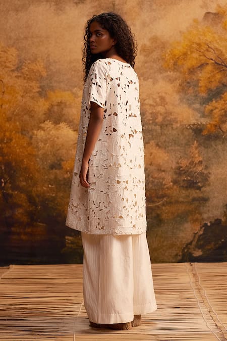 Shop Ahmev Ivory , Satin Cut Work Round Neck Embroidered Midi Dress at Aza Fashions Shop_Ahmev_Ivory , Satin Cut Work Round Neck Embroidered Midi Dress _at_Aza_Fashions