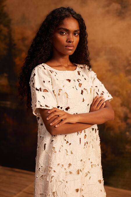 Ahmev Ivory , Satin Cut Work Round Neck Embroidered Midi Dress Online at Aza Fashions Ahmev_Ivory , Satin Cut Work Round Neck Embroidered Midi Dress _Online_at_Aza_Fashions