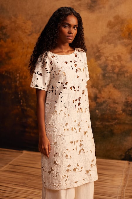 Buy Ahmev Ivory , Satin Cut Work Round Neck Embroidered Midi Dress Online at Aza Fashions Buy_Ahmev_Ivory , Satin Cut Work Round Neck Embroidered Midi Dress _Online_at_Aza_Fashions