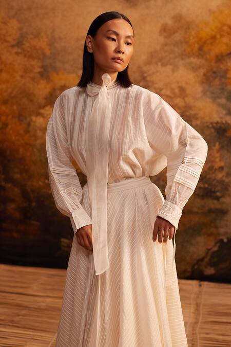 Ahmev Ivory Cotton, Silk Embroidery Turtle Neck Chanderi Pleated Tie-up Shirt Online at Aza Fashions Ahmev_Ivory Cotton, Silk Embroidery Turtle Neck Chanderi Pleated Tie-up Shirt _Online_at_Aza_Fashions