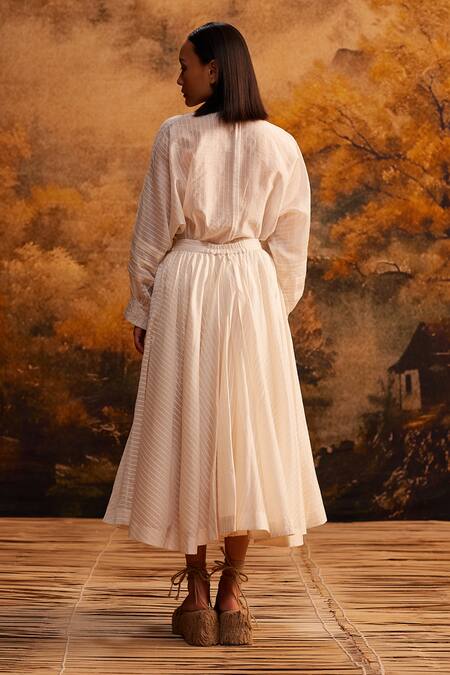 Shop_AHMEV_Ivory Cotton, Silk Striped Midi Skirt _at_Aza_Fashions