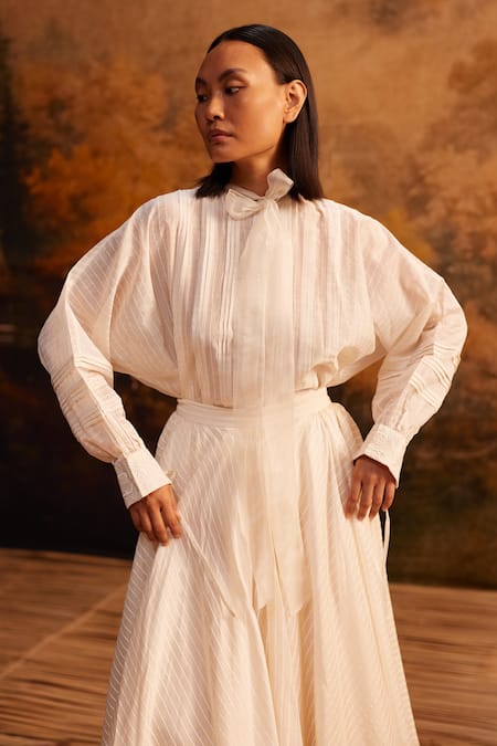 AHMEV_Ivory Cotton, Silk Striped Midi Skirt _Online_at_Aza_Fashions