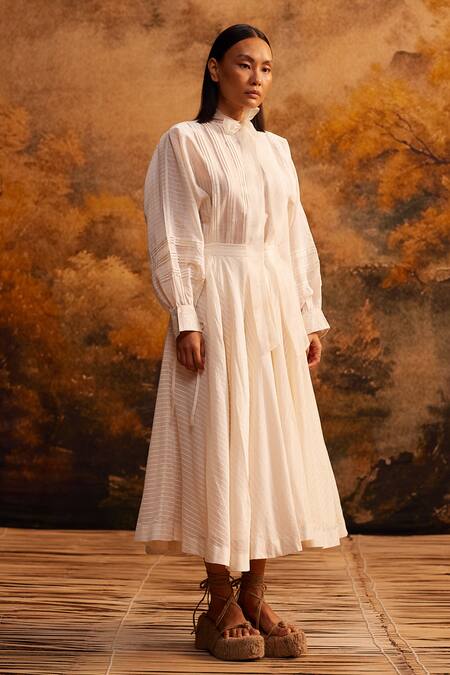 Buy_AHMEV_Ivory Cotton, Silk Striped Midi Skirt _Online_at_Aza_Fashions