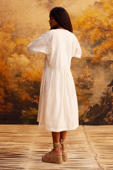 Shop_Ahmev_Ivory , Satin Embroidery Round Neck Midi Dress With Slip _at_Aza_Fashions