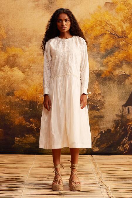 Ahmev_Ivory , Satin Embroidery Round Neck Midi Dress With Slip _Online_at_Aza_Fashions
