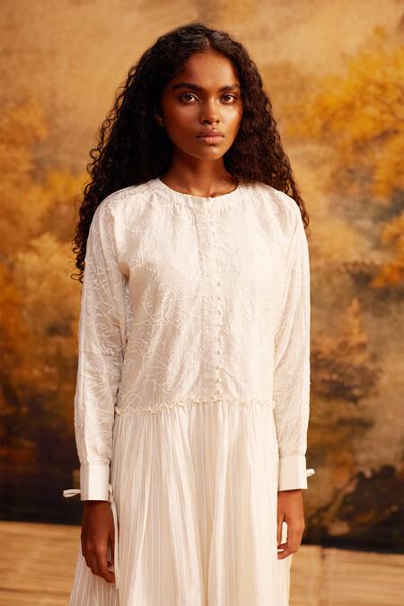 Buy_Ahmev_Ivory , Satin Embroidery Round Neck Midi Dress With Slip _Online_at_Aza_Fashions