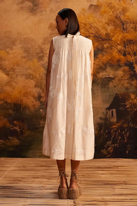 Shop_Ahmev_Ivory Cotton, Silk Embroidery Round Neck Applique Work Midi Dress _at_Aza_Fashions