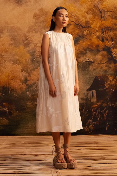 Ahmev_Ivory Cotton, Silk Embroidery Round Neck Applique Work Midi Dress _Online_at_Aza_Fashions