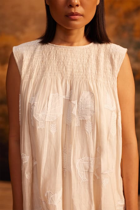 Buy_Ahmev_Ivory Cotton, Silk Embroidery Round Neck Applique Work Midi Dress _Online_at_Aza_Fashions