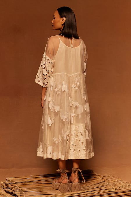Shop Ahmev Ivory Cotton, Silk Organza Embroidery Round Neck Applique Midi Dress at Aza Fashions Shop_Ahmev_Ivory Cotton, Silk Organza Embroidery Round Neck Applique Midi Dress _at_Aza_Fashions