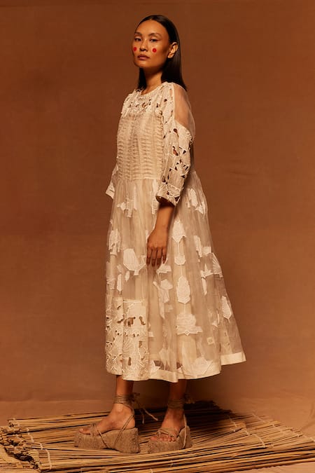 Ahmev Ivory Cotton, Silk Organza Embroidery Round Neck Applique Midi Dress Online at Aza Fashions Ahmev_Ivory Cotton, Silk Organza Embroidery Round Neck Applique Midi Dress _Online_at_Aza_Fashions