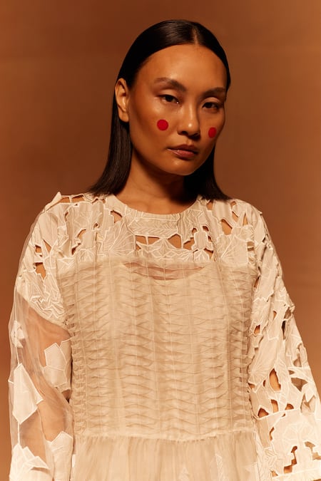 Buy Ahmev Ivory Cotton, Silk Organza Embroidery Round Neck Applique Midi Dress Online at Aza Fashions Buy_Ahmev_Ivory Cotton, Silk Organza Embroidery Round Neck Applique Midi Dress _Online_at_Aza_Fashions