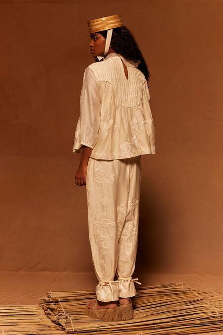 Shop_Ahmev_Ivory Cotton, Silk Embroidery High Neck Applique Designer Top _at_Aza_Fashions