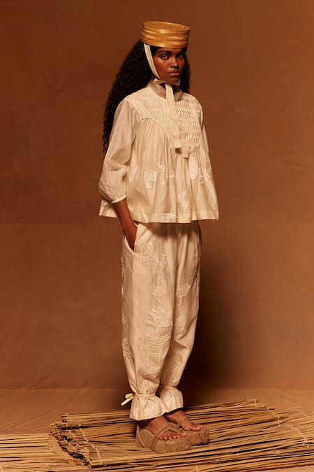 Ahmev_Ivory Cotton, Silk Embroidery High Neck Applique Designer Top _Online_at_Aza_Fashions