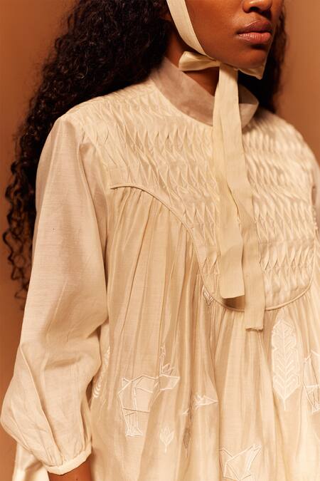 Buy_Ahmev_Ivory Cotton, Silk Embroidery High Neck Applique Designer Top _Online_at_Aza_Fashions