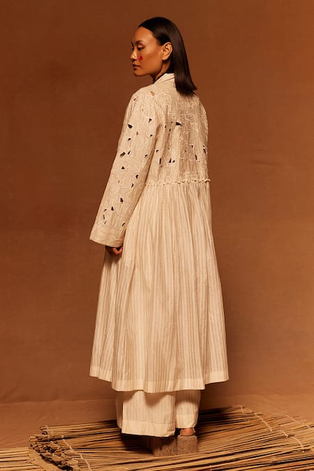 Shop Ahmev Ivory Cotton, Silk Cut Work Collared Embroidered Anarkali Jacket at Aza Fashions Shop_Ahmev_Ivory Cotton, Silk Cut Work Collared Embroidered Anarkali Jacket _at_Aza_Fashions