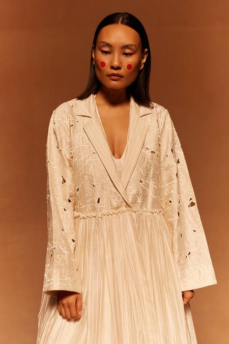 Shop Ahmev Ivory Cotton, Silk Cut Work Collared Embroidered Anarkali Jacket Online at Aza Fashions Shop_Ahmev_Ivory Cotton, Silk Cut Work Collared Embroidered Anarkali Jacket _Online_at_Aza_Fashions