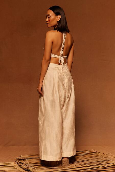 Shop_Ahmev_Ivory Cotton, Silk V-neck Screen Printed Back Tie-up Crop Top _at_Aza_Fashions